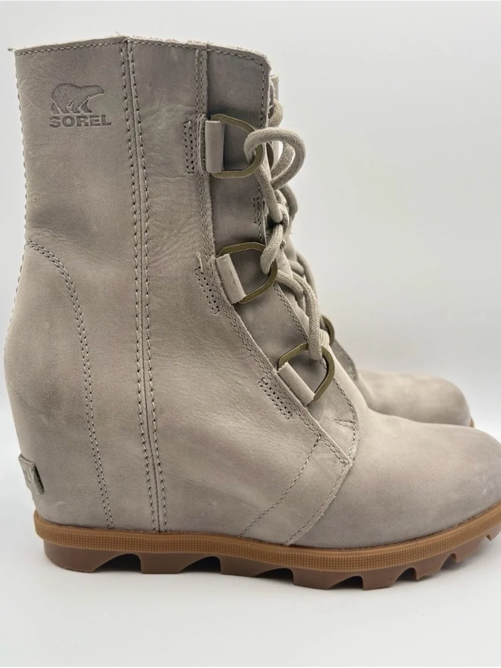 Sorel Taupe Wedge Lace-Up Boots with Gum Sole